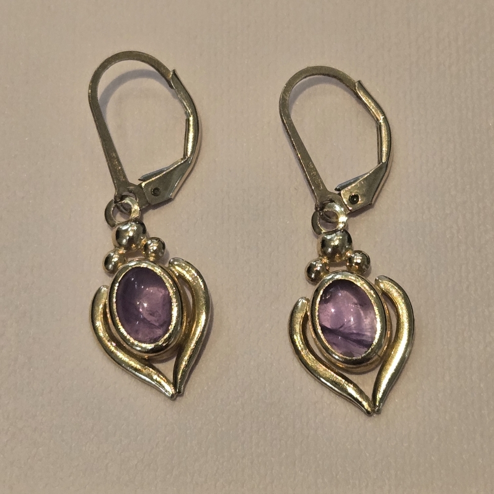 Yellow Gold Tone Vintaged Dangle Lever Back Earrings Purple Stone